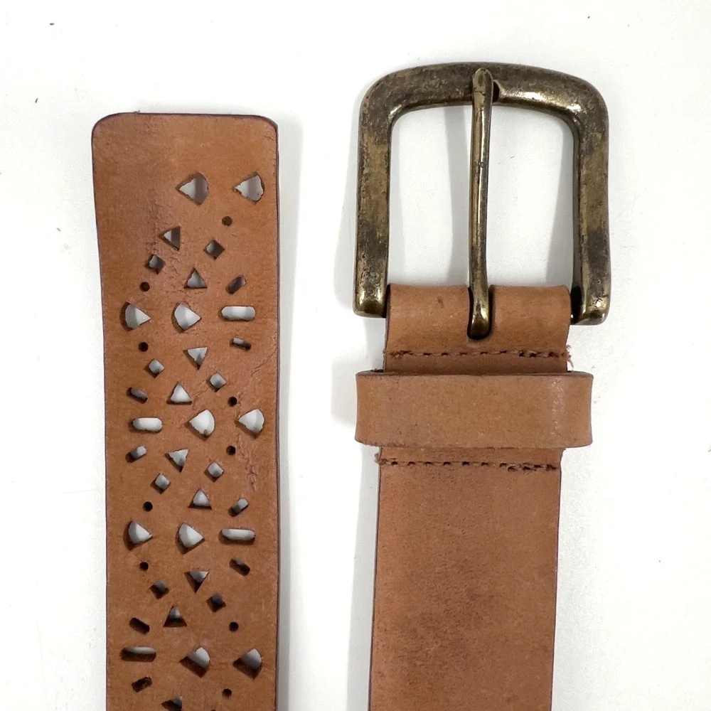 Men's Tan Leather Belt Geometric Punch Cut-Out Antique Brass Buckle Boho M 40